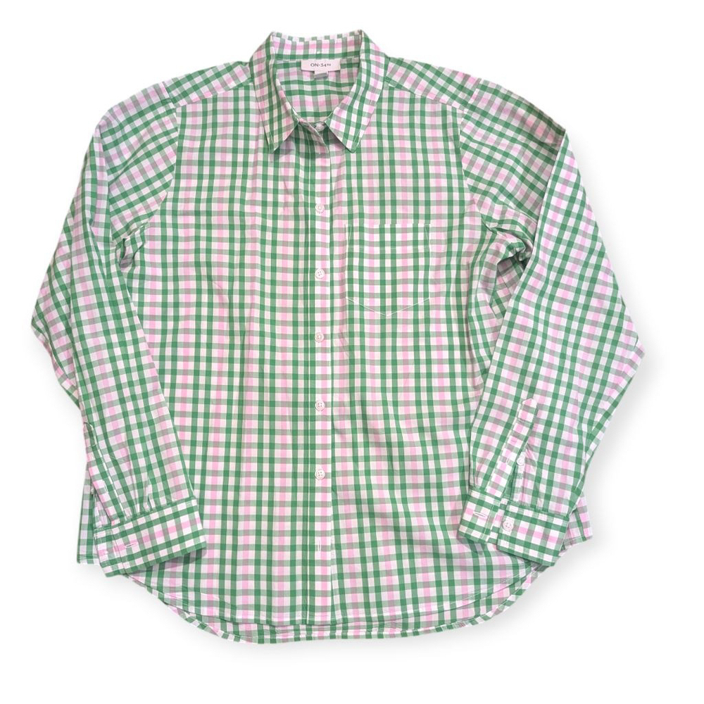 ON 34TH Green Pink Gingham Plaid Shirt Medium - Picture 2 of 9
